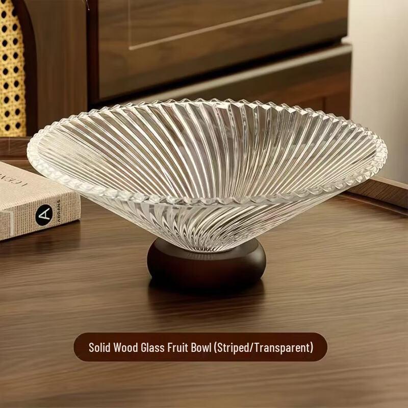 

Set of 2 Large Striped Glass Fruit Bowls with Wooden Base