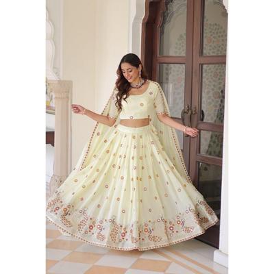Desirable Women's Lehenga Made With Vichitra Silk With Rich Sequins Multi & Thread Embroidery Work Blouse With Dupatta