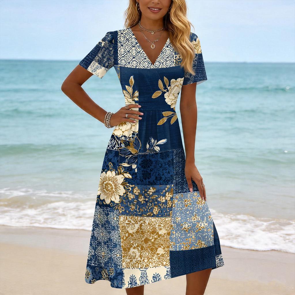 Women's Casual Vintage Floral Print Short Sleeve V Neck Dress Knee Length Lightweight Summer Dress for Daily Wear