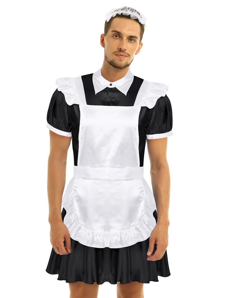 Men's Frilly Satin Flutter Sissy French Maid Dress Costume Crossdress Nightwear Pajamas
