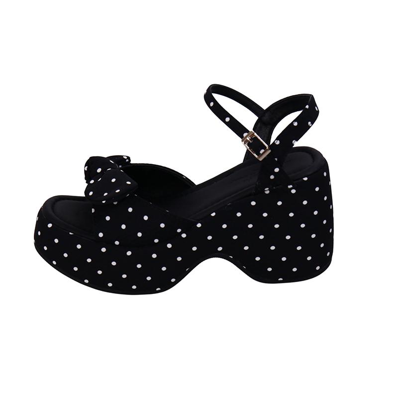 

Fashion Wedge Platform Sandals Summer New Round Toe Open Toe Polka Dot Bow Non-Slip Slip Strap Anti-Slip Wear-Resistant High Heels 40 чёрный