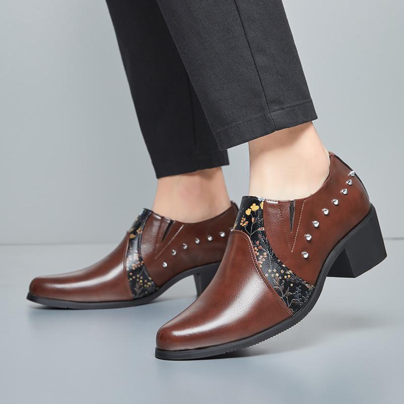 Men's Large Size Pointed Toe Leather High Heel Shoes - European American Fashion Rivet Cuban Style for Business and Casual Wear