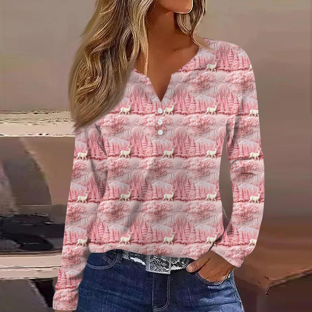 Women's Fashion Casual V-Neck Button-Up Long-Sleeve T-Shirt With Christmas Print Top