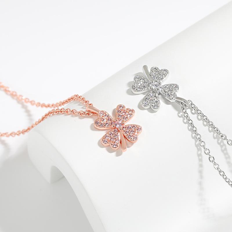 Pink Diamond Lucky Grass Pendant Collarbone Chain Female, Niche Design Wind Four-Leaf Clover Necklace