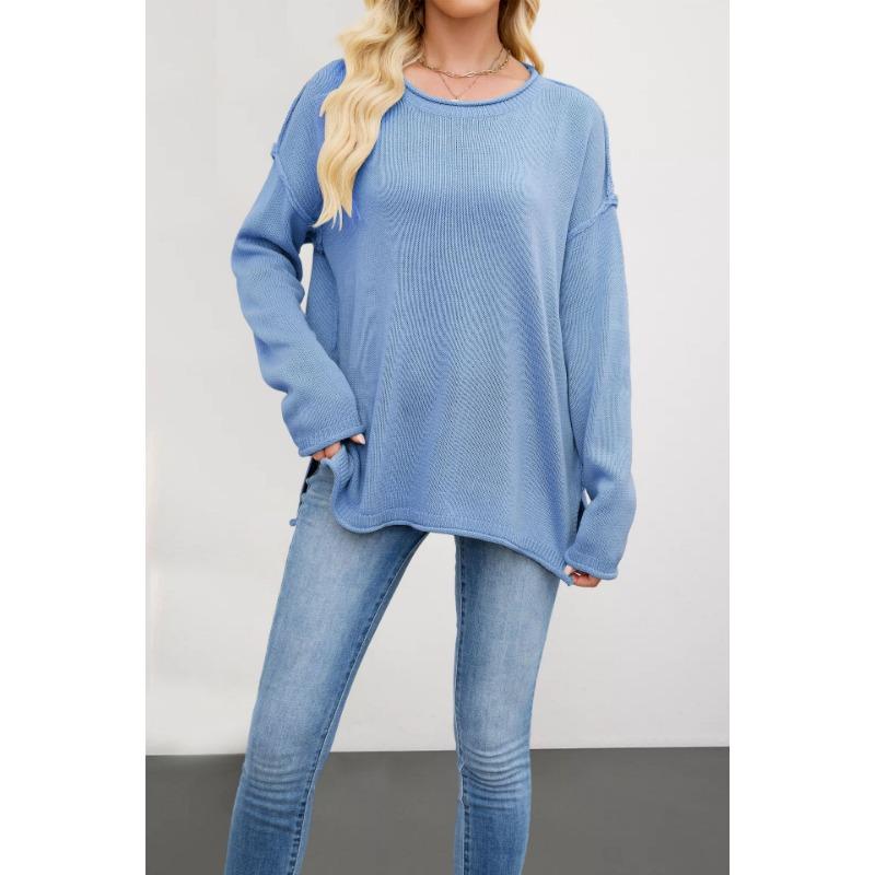 New Women's Clothing Hot Autumn and Winter Knitted Solid Color Round Neck Loose and Versatile Basic Pullover Sweater