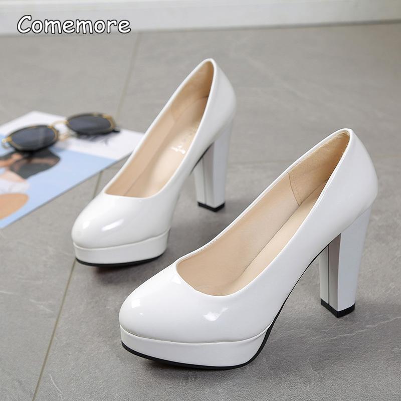 Fashion Comemore Round Toe Slip-On Square Heeled Pumps High Heel Patent Leather Ladies Zapatos Mujer 2025 Plus Size 43 Women Dress Shoes