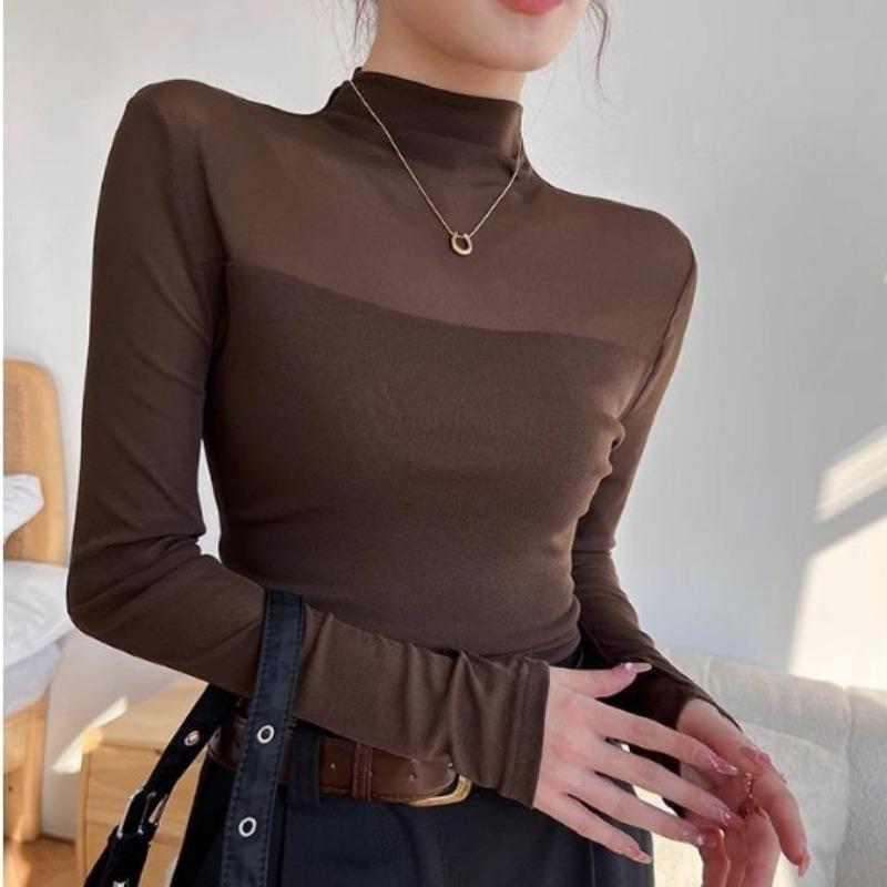 Jarné a jesenné elegantné základné tričko s polovičným vysokým golierom pre ženy, univerzálne, slim-fit, zoštíhľujúce tričko s dlhým rukávom