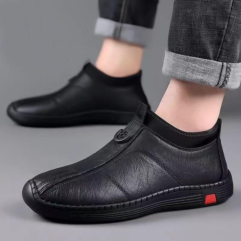 Nové pánské kožené boty, pánské business casual měkké kožené boty s měkkou podrážkou, návleky na nohy pro střední a starší otce, sametové teplé pánské boty