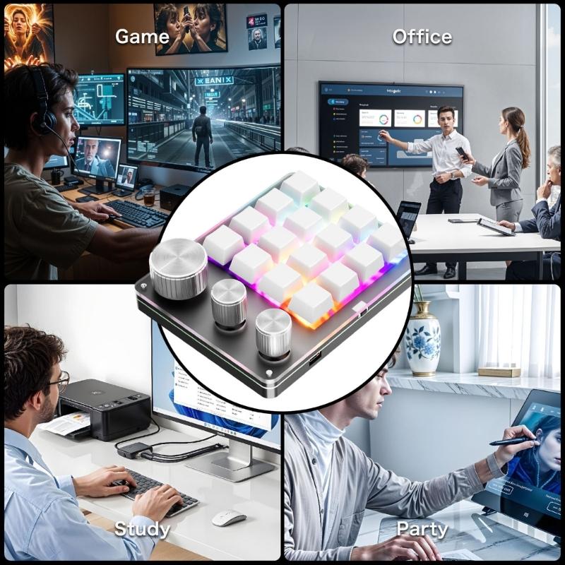 USB C Macro Keypad with 16-Key and 3 Knobs Programmable  Mechanical Gaming Keyboard for Efficiency Gaming and Office