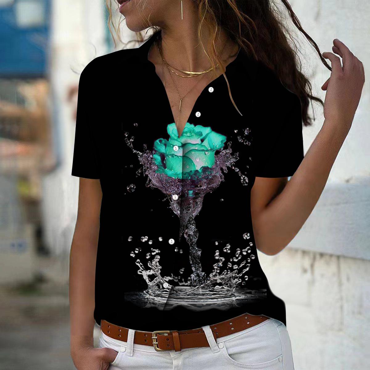 

2025 Summer New Fashion Women s Flower Printed Short Sleeve V-neck Casual Button-down Shirt Top XS зелений