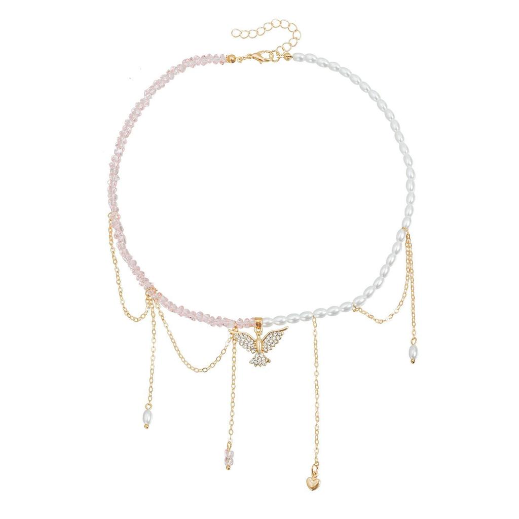 Pink Crystal Wing Tassel Necklace with Rhinestone and Pearl Bead Patchwork