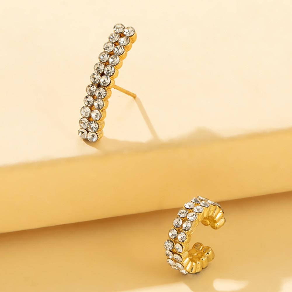Double Fashionable Row Rhinestone Earrings Set With Asymmetric Design