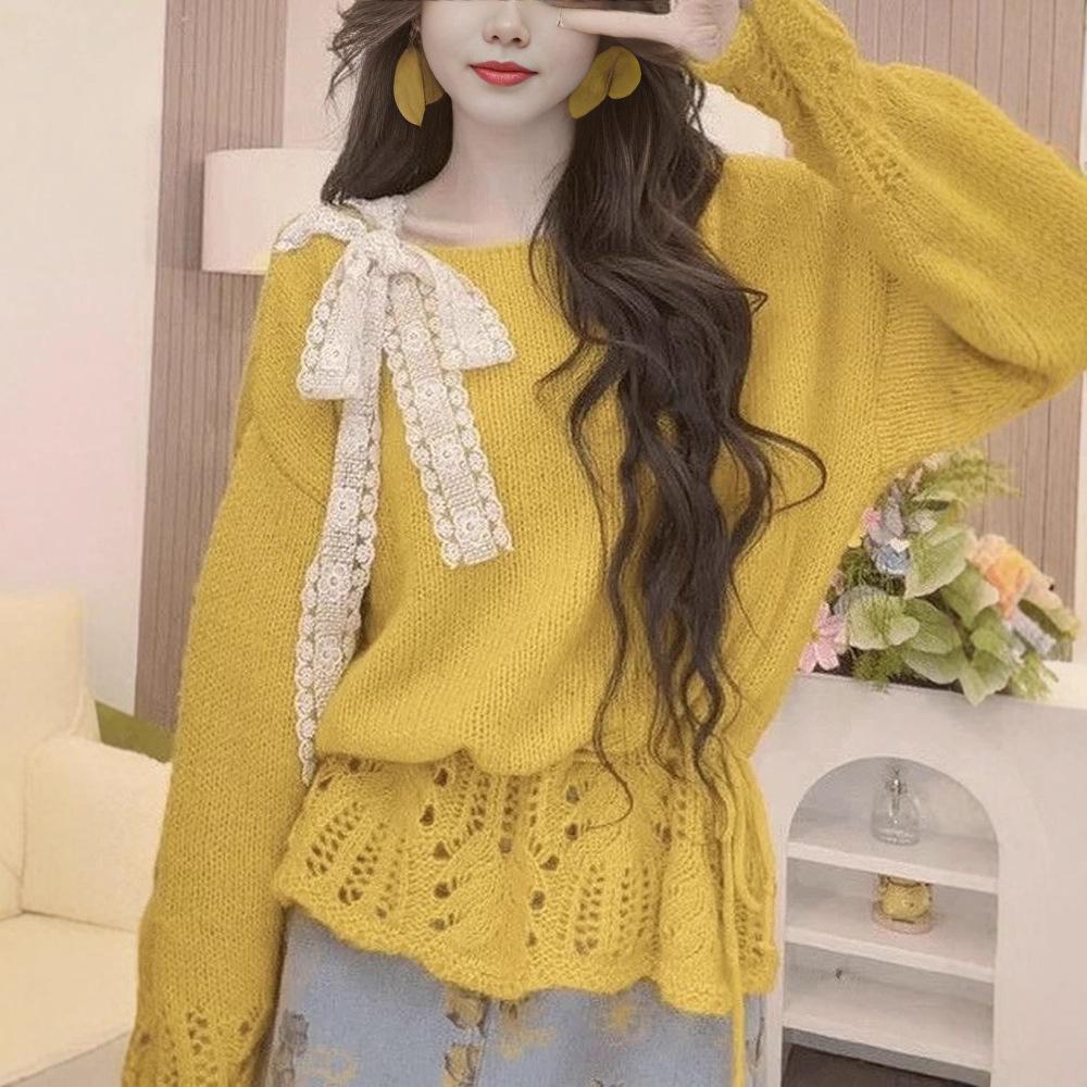Lazy Style Knitted Lace-Up Bow Sweater - Women's Loose Fit for Autumn and Winter