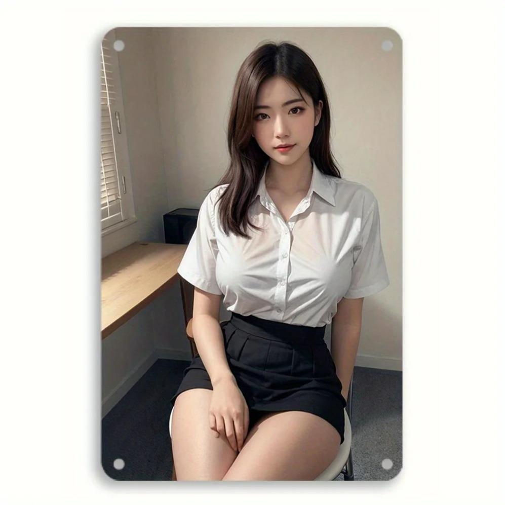 

HD Metal Tin Sign Elegant Asian Office Lady in White Shirt Black Skirt Vintage Wall Art Decor for Home Bar Man Cave Retro Meta 20x30cm（7.8x11.8inch）