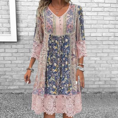 Vestido de Mujer Calado Encaje Patchwork Estampado Floral Manga Tres Cuartos Cuello V Botones