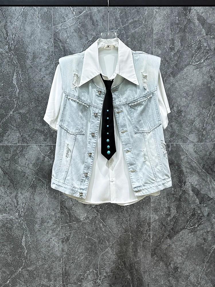 Suit American retro niche design worn denim vest jacket men s washed old vest trendy thin M светло-синий