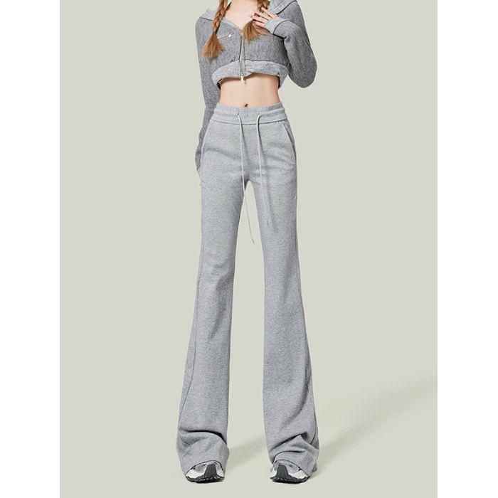 Women's Gray Low-Waist Flare Pants - 2025 Spring Drawstring Casual Slimming Straight Leg Trousers