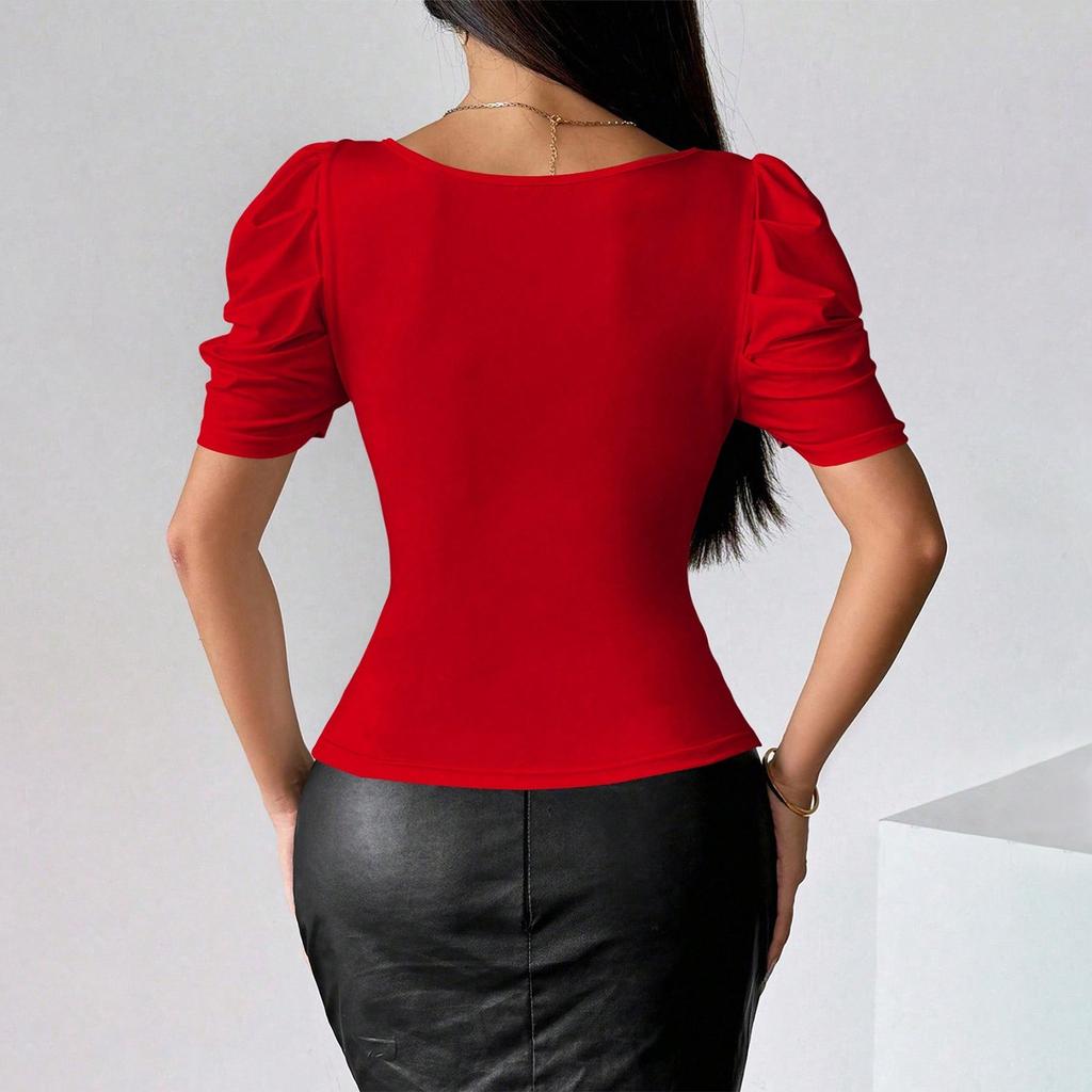 Dámský módní ležérní sexy čtvercový výstřih s nabíranými rukávy krátký top na zip