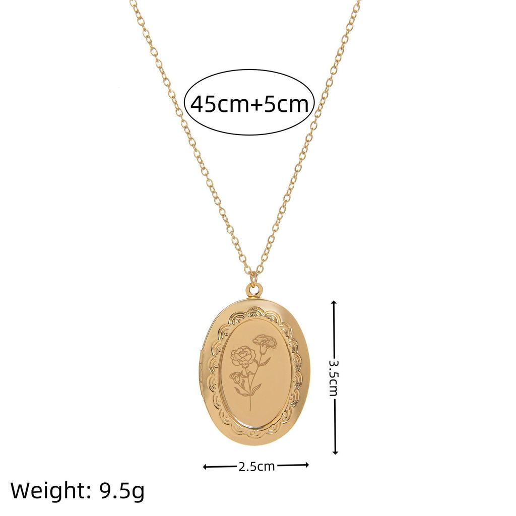 December Birth Flower Oval Necklace with Engravable Pendant and Photo Album Clavicle Chain