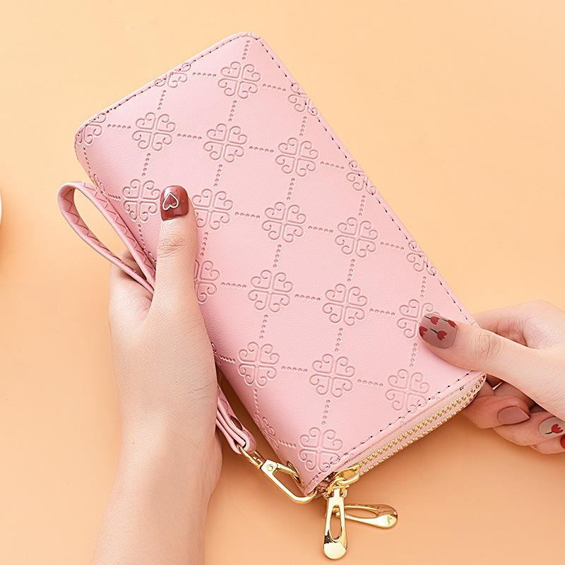 Wallet for women, long, European and American, shiny leather, double zipper handbag, large capacity, double-layer phone bag, frosted wrist wallet