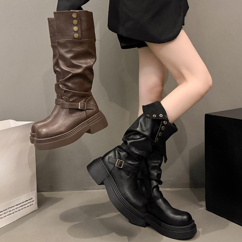 New Mid-calf Thick-soled Fashion Shoes for Women in Autumn and Winter with Belt Buckle Long Boots