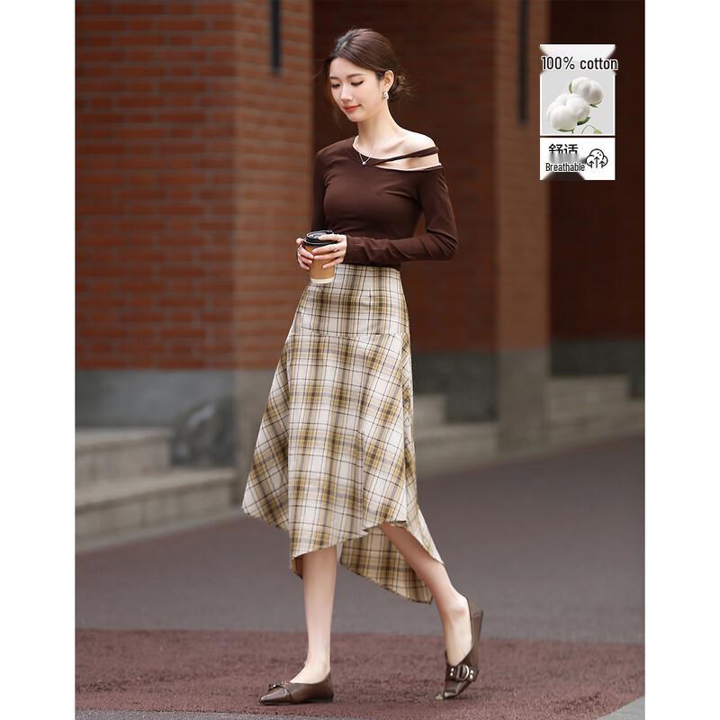 Women s Pure Cotton Retro Plaid A-line Long Skirt M