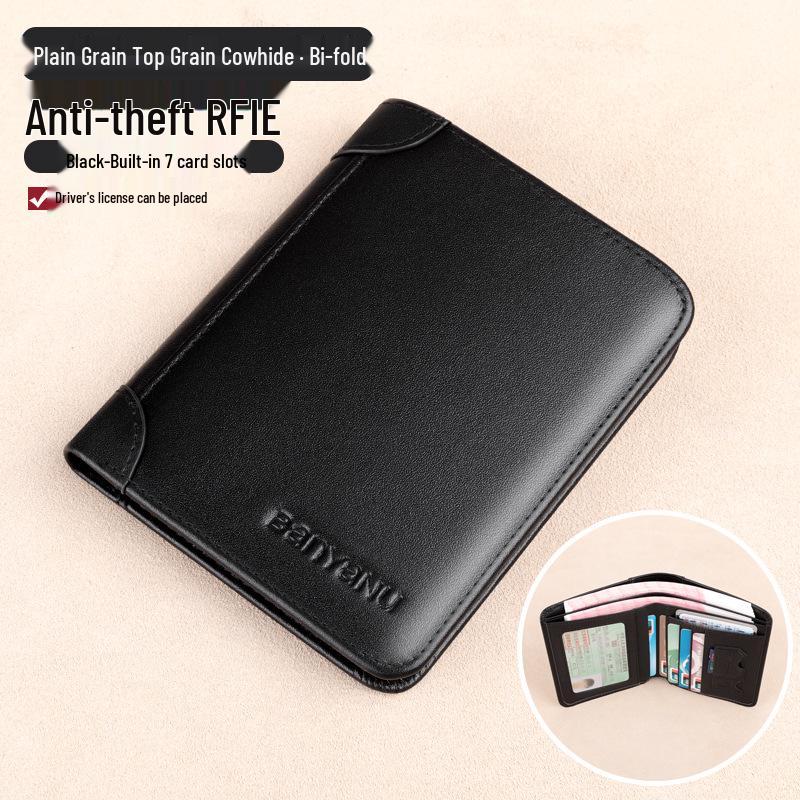 Men s Genuine Leather Ultra-Thin Anti-Theft Vertical Short Wallet and Card Holder