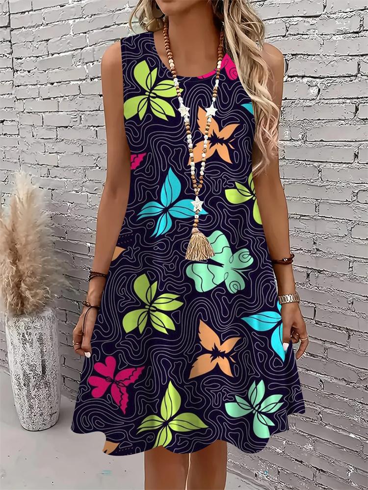 Lässiges Damen Tanktop-Kleid Sommer Ärmellos O-Ausschnitt 3D-Druck Locker A-Linien-Kleid Strand-Westenkleid