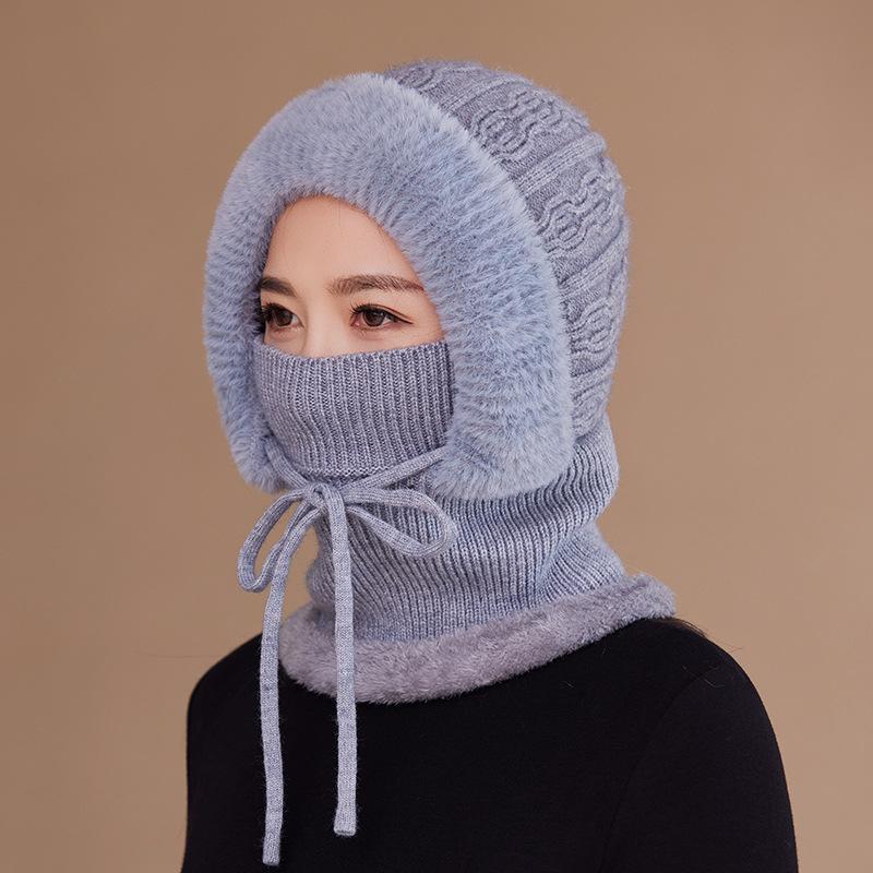 New Winter Cycling Fleece Thickened Warm Needle Wool Pullover Hat Women's Scarf Integrated Ear Protection Knitted Hat