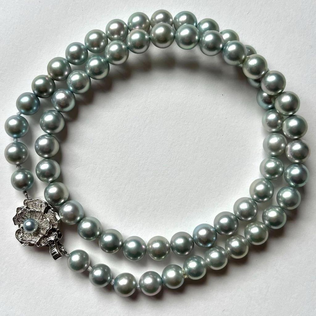 Used Akoya Pearl Blue Necklace Blue Gray 6.5-7.0mm Genuine Pearl Silver Hardware Pearl Necklace with Certificate of Authenticity