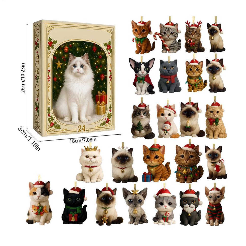 Advent Cat Calendar 2025 Christmas Advent 24-Day Cute 2d Cat Pendant Decorative Charm Countdown Calendar for Pet Lovers