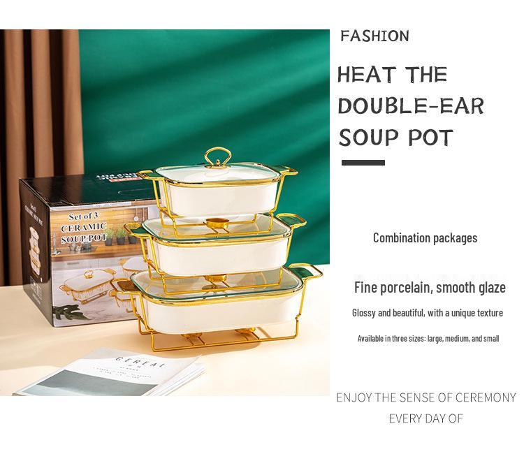 Luxury Ceramic Tableware Set: Rectangular Baking Pan, Casserole Stand, Candle-Heated Soup & Dry Pot
