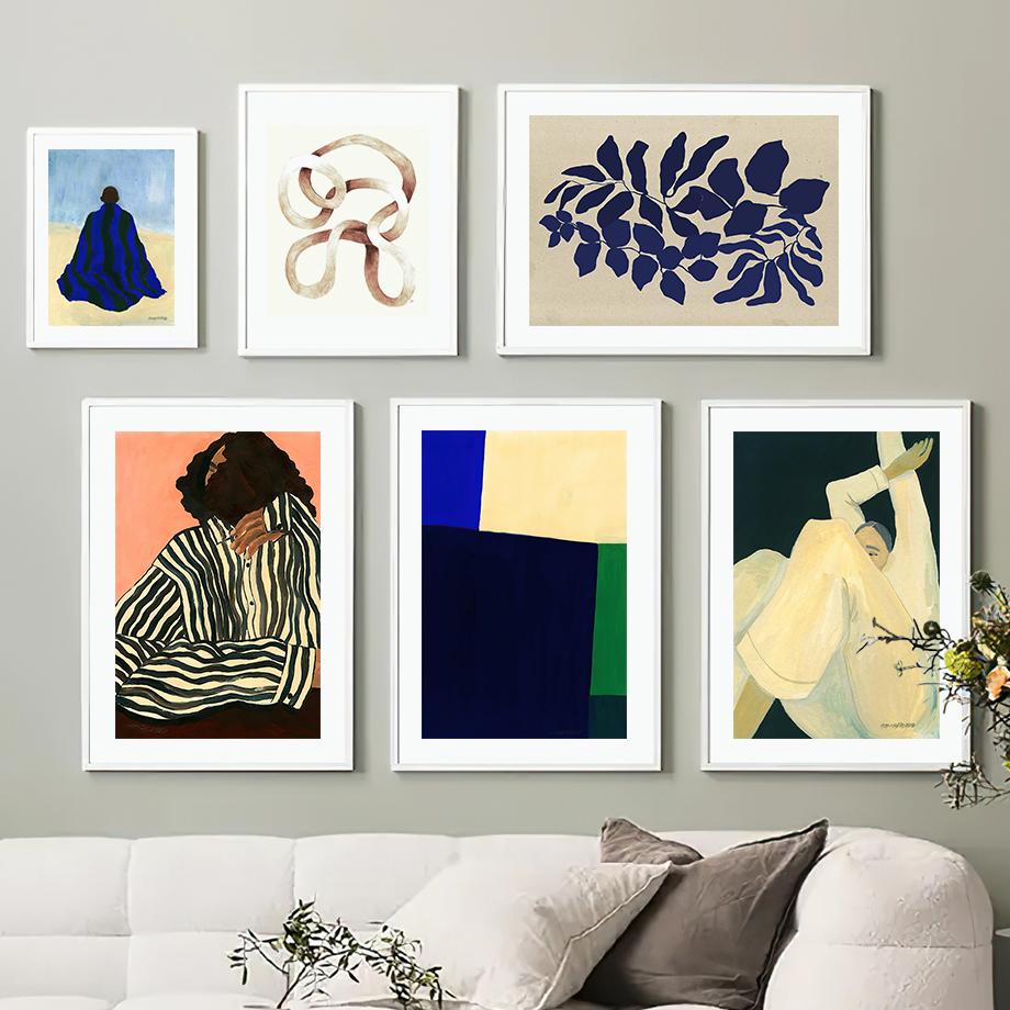 Blue Striped Girl Book Leaves Wall Art Canvas Painting Abstract Posters And Prints Hotel Bar Wall Pictures For Living Room Decor