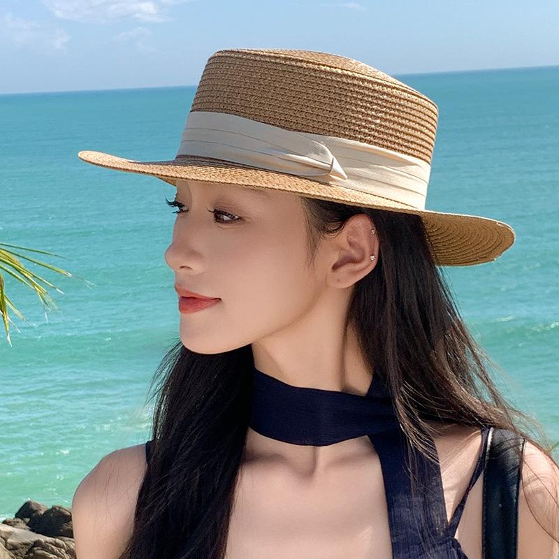 French-style flat-top straw hat for women, summer Korean versatile outdoor seaside beach hat, makes the face look smaller, sun protection sun hat