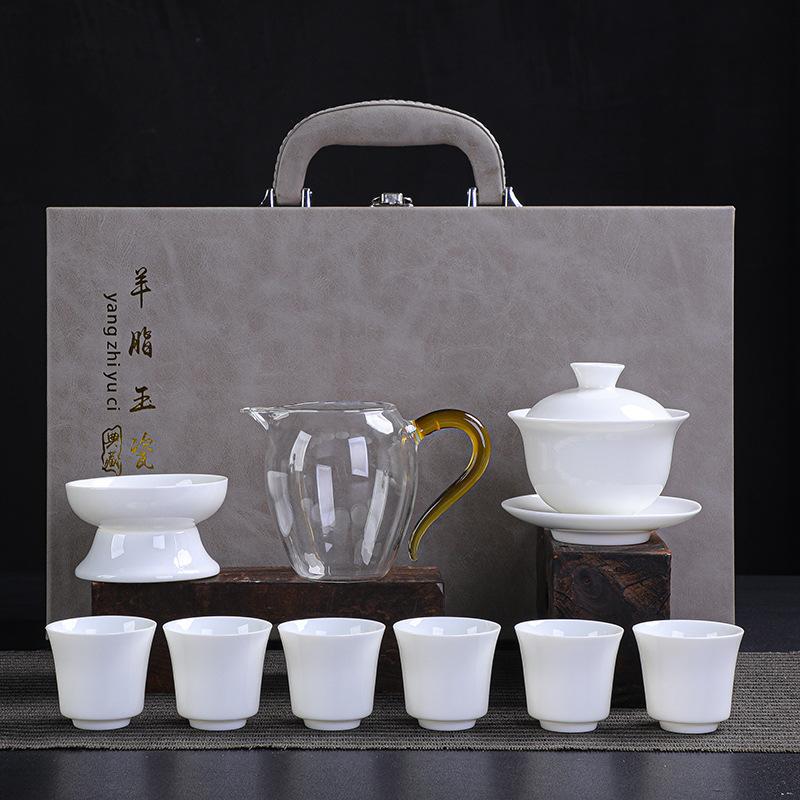 Ceramic White Suet Jade Porcelain Kung Fu Tea Set Business Company High-end Gifts