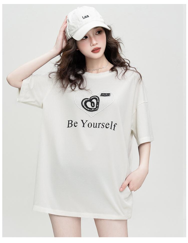 Summer Peach Heart Letter Printed Loose T-shirt, Personalized, Fashionable, Versatile, Loose Short Sleeved Top