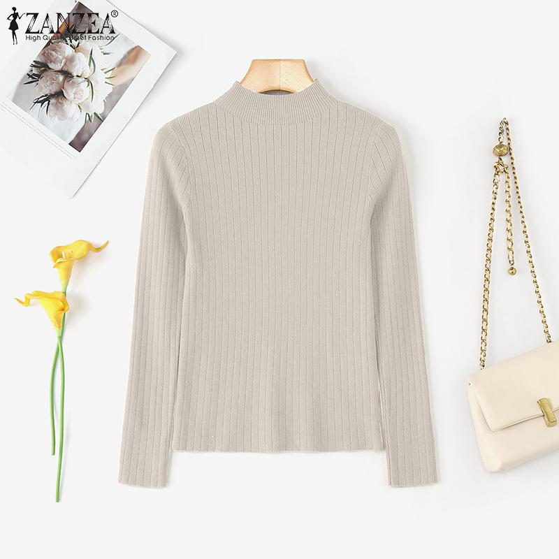 ZANZEA Autumn Spring Women Mockneck Long Sleeve Stretch Rib Knitted Sweater Undershirts
