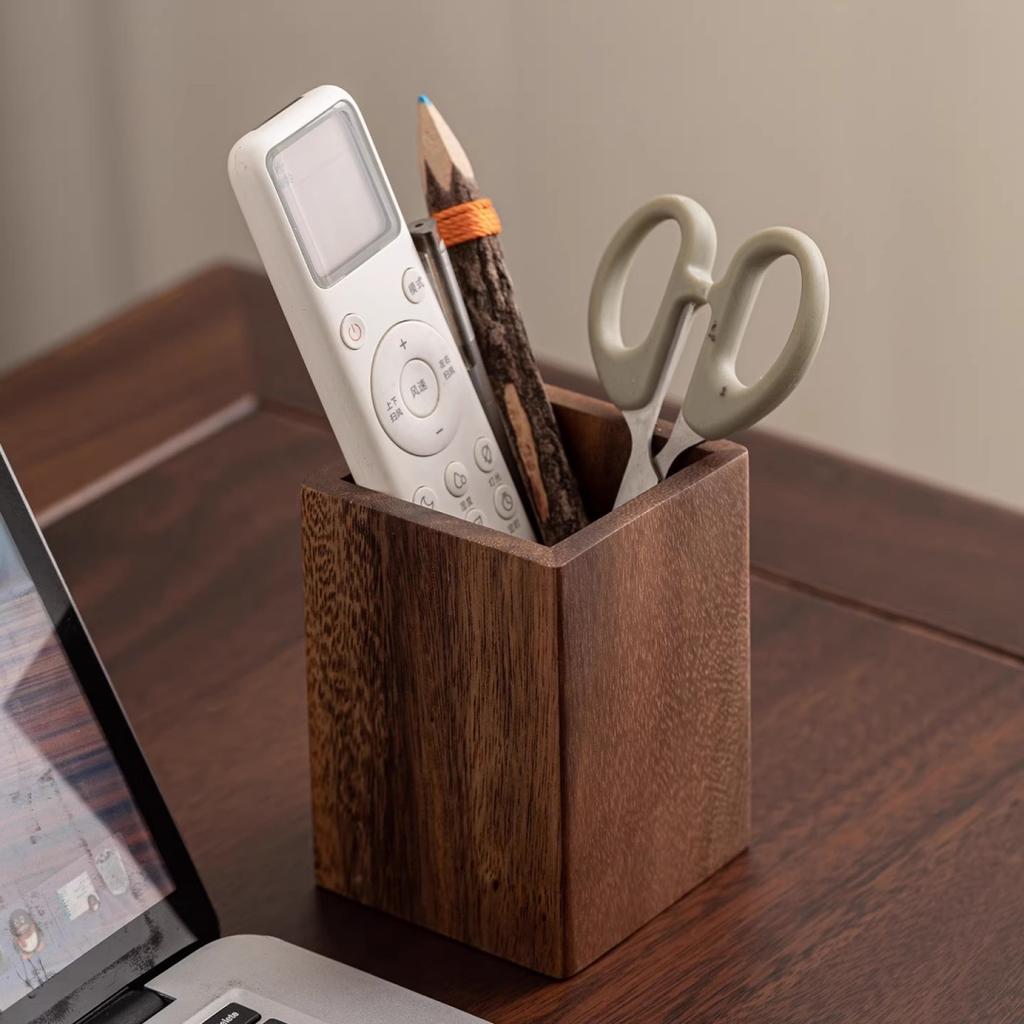 High-Quality Black Walnut Wood Pen Holder Minimalist Desktop Organizer Box For Office Stationery Storage Wooden Desk Accessory