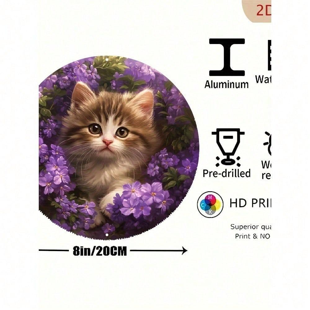 1pc Round Aluminum Metal Wall Sign Retro Kitten Purple Floral Waterproof Pet Lover Decor