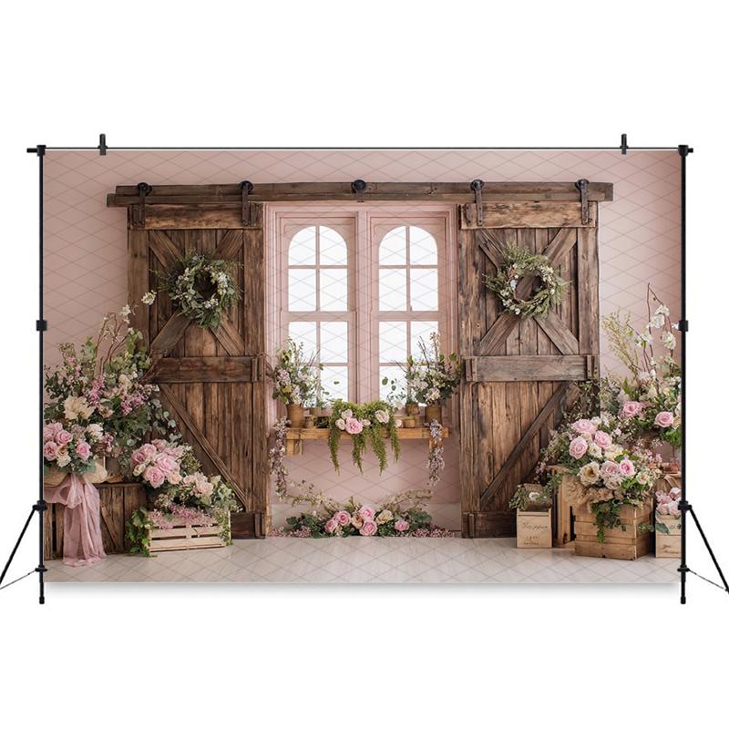 Mocsicka Easter Photography Backdrop Pink Flower Rose Bee Rabbit Wooden Door Decorations Baby Birthday Party Festival Background