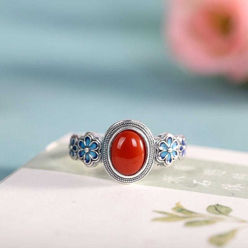 Adjustable Open Flower Ring With Antique-Style Red Agate Inlay Vintage Boho Womens Jewelry Adjustable Open Band
