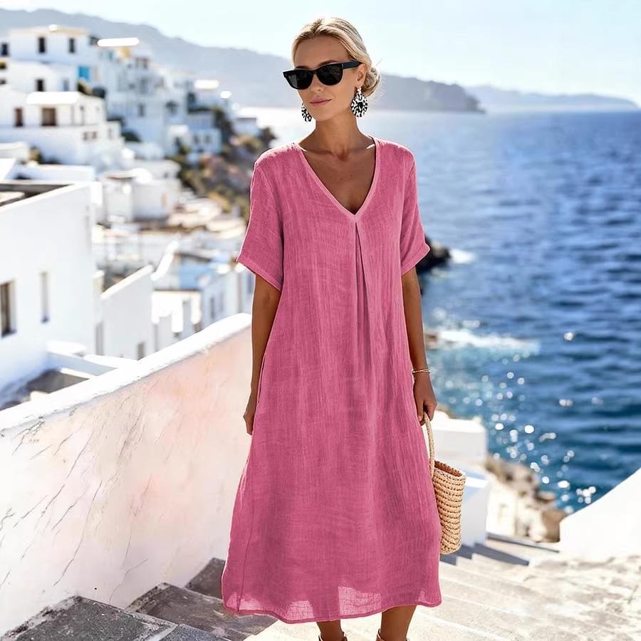 2026 New Casual Spring/Summer V-Neck Short Sleeve Loose Long Dress - Solid Color Cotton Linen