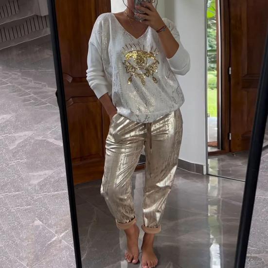 

2 шт./компл., женский топ, брюки, комплект с принтом глаз, длинными рукавами, V-образным вырезом, эластичной резинкой на талии, свободные бронзовые повседневные повседневные футболки, комплект брюк L