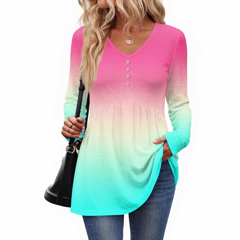 Women's Casual Fashion V-Neck Button Gradient Long Sleeve Top