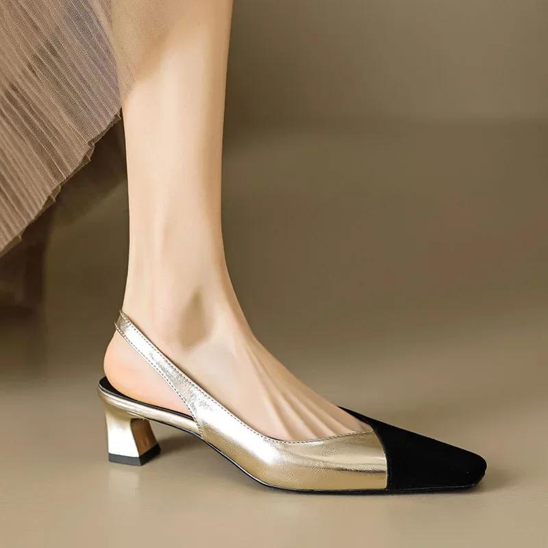 Women Square Toe Sandals Black Toe Patchwork Pumps Gold Sliver Slingbacks Mid Heels Summer Female Dress Shoes Plus Size 41