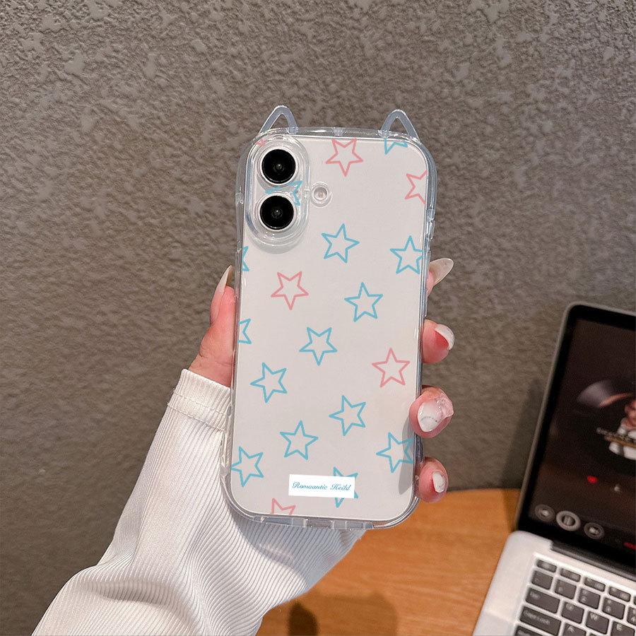 Colorful Cartoon Stars Cat Ear Phone Case for Apple 15/15 Pro Max - New Transparent Design for 11/12