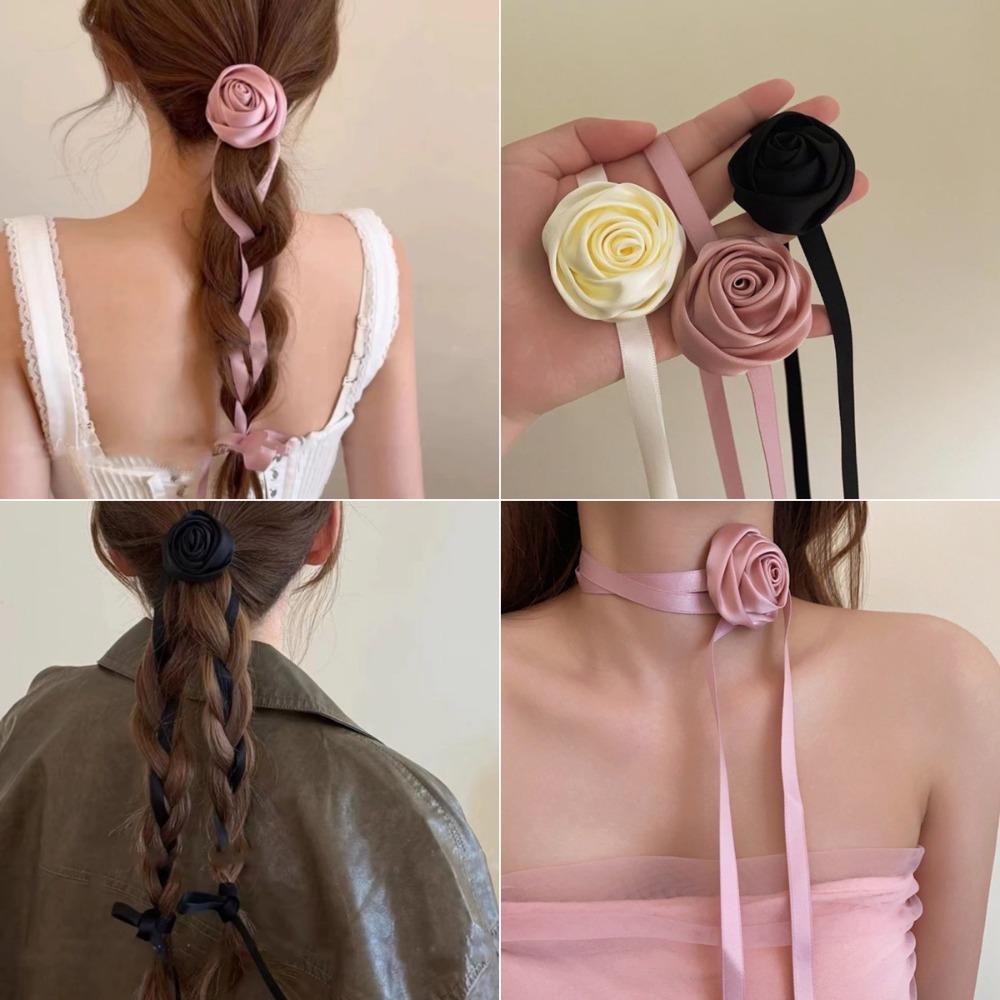 Spring New Fabric Flower Rose Flower Choker/ Headband Dual-purpose Adjustable Rose Long Rope Hair Bands for Women Headwear