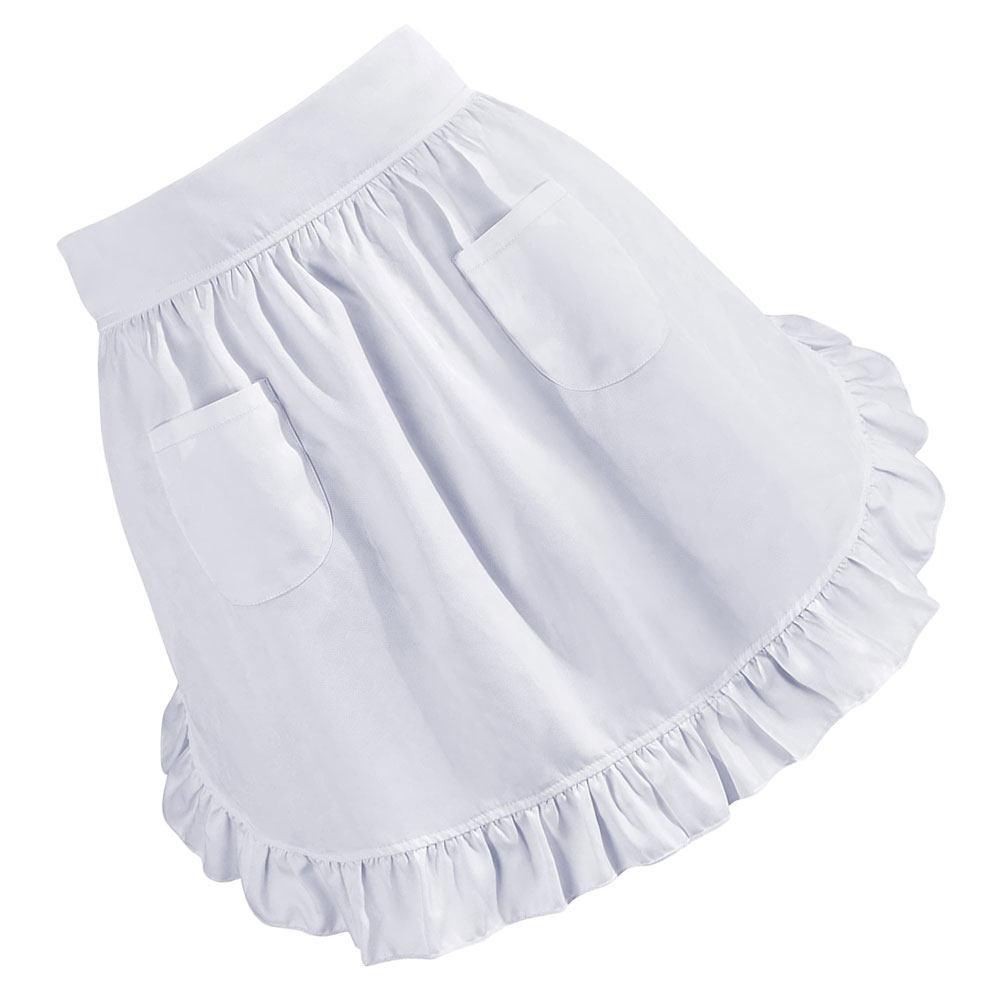 Grembiule da cameriera in stile europeo bianco, a mezza vita, morbido poliestere, bordi arricciati, 2 tasche, per cucina, cucina, cameriera, server