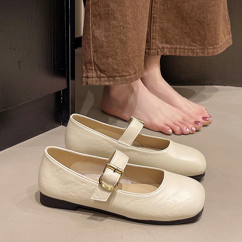 Retro Soft Leather Mary Jane Shoes for Women's 2025 Spring New Shallow Mouth One-word Strap Flat-soled Single Shoes with Skirts and Leather Shoes