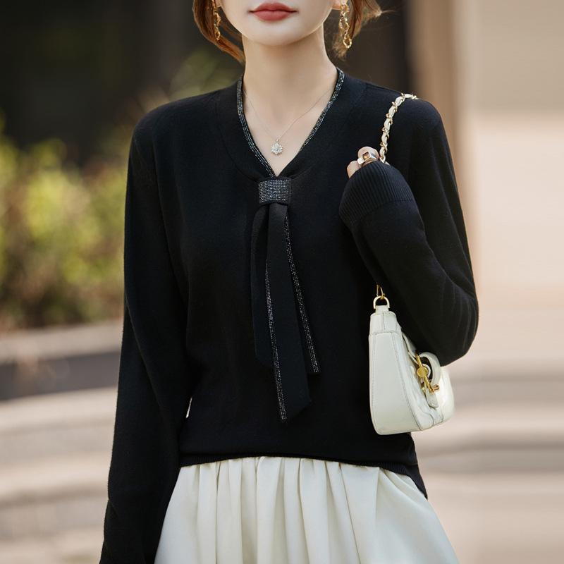 V Neck Knit Long Sleeve Loose Fit Pullover Top With Ribbon